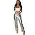 high waist casual straight solid color PU leather pants NSLHC139453
