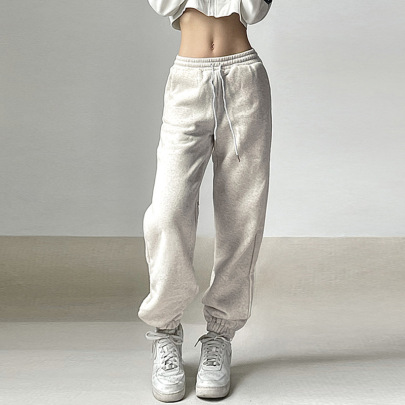 Loose High Waist Solid Color Fleece Trousers NSGWY139464