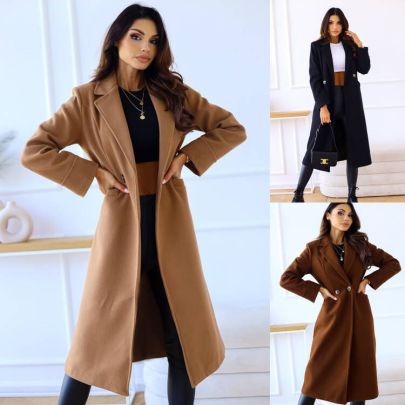 Long-sleeved Lapel Double-breasted Solid Color Woolen Coat NSHFC139487