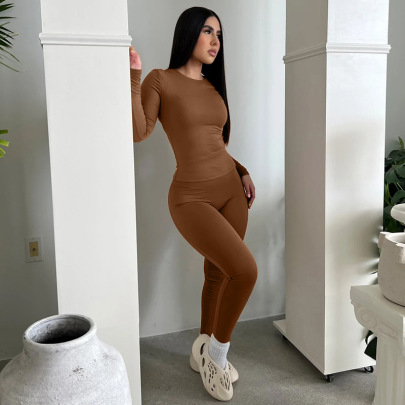 Long Sleeve Round Neck High Waist Solid Color Top And Pant Set NSHTL139507