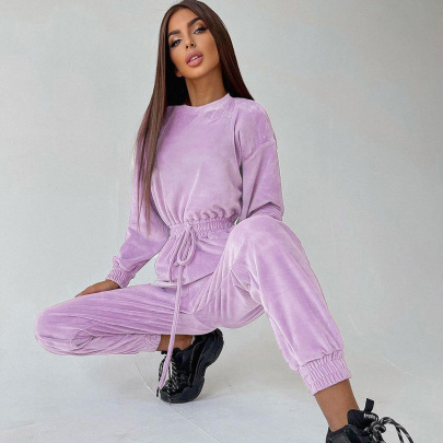 Round Neck Long Sleeve High Waist Casual Solid Color Jumpsuit NSSQS139518