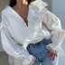 Deep V-neck Wood Ear Side Long-sleeved loose Stitching solid color Shirt NSSQS139519