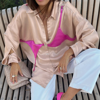 Splicing Fake Two-piece Long-sleeve Loose Color Contrast Satin Shirt NSSQS139520