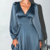 lantern sleeve v neck high waist solid color satin dress NSSQS139531