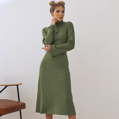 High Collar Long Sleeve Slim Solid Color Dress NSSQS139533