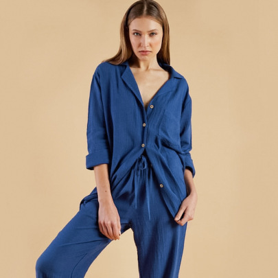 Loose Long Sleeve Lapel Solid Color Cotton Imitation Linen Pajamas Two-piece Set Can Be Worn Outside NSMSY139536