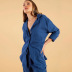 Pijama de lino de imitación de algodón de color sólido con solapa de manga larga suelta, conjunto de dos piezas que se puede usar afuera NSMSY139536