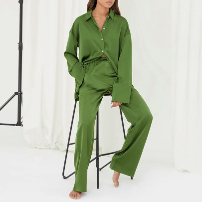 Loose Long Sleeve Lapel Solid Color Imitation Silk Pajamas Set Can Be Worn Outside NSMSY139541