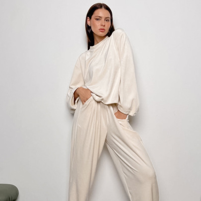 Wide-leg Loose Long Sleeve Round Neck Solid Color Velvet Pajamas Can Be Worn Outside NSMSY139542