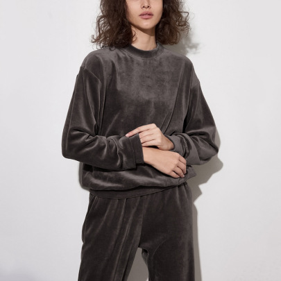 Long Sleeve Round Neck Solid Color Velvet Pajamas Set NSMSY139545