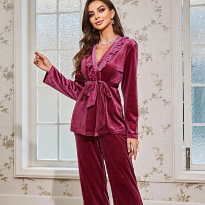 Long-sleeved Lace-up V Neck Fungus Edge Solid Color Velvet Pajamas Two-piece Sets NSMSY139548