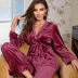 long-sleeved lace-up v neck fungus edge solid color velvet pajamas two-piece sets NSMSY139548