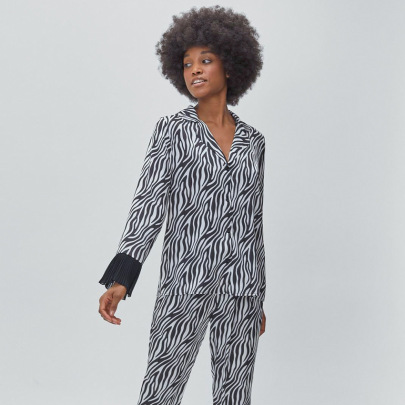 Long Sleeve Lapel Striped Ice Silk Pajamas Can Be Worn Outside NSMSY139553