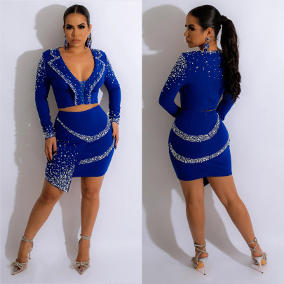 Lapel Hot Diamond Long-sleeved Short Solid Color Top And Skirt Two-piece Set NSFYZ139577