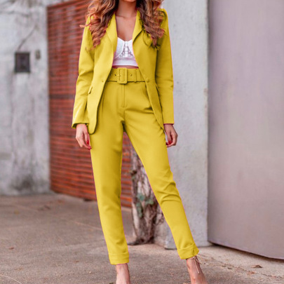 Long-sleeved High Waist Slim Solid Color Suit And Pant Set NSJZC139603