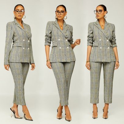 Slim-fit Long Sleeve High Waist Lapel Plaid Suit And Pant Set NSJZC139610