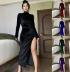 high-necked long sleeve slim slit solid color velvet dress NSSYV139617