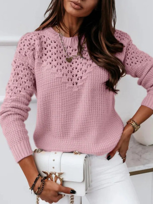 Jacquard Hollow Stitching Round Neck Long Sleeve Solid Color Sweater NSNHYD139631