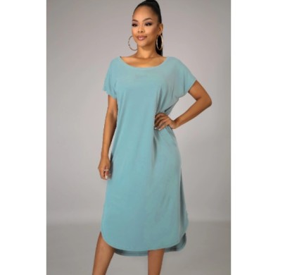 Solid Color Short Sleeve Oblique Shoulder Dress NSXHX99240