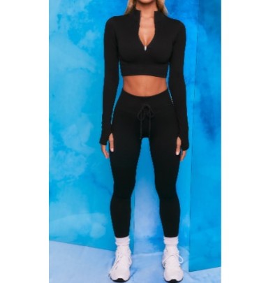 Solid Color High Stretch Seamless Yoga Long-sleeved Zipper Top & Drawstring Pants Suit NSXER80765