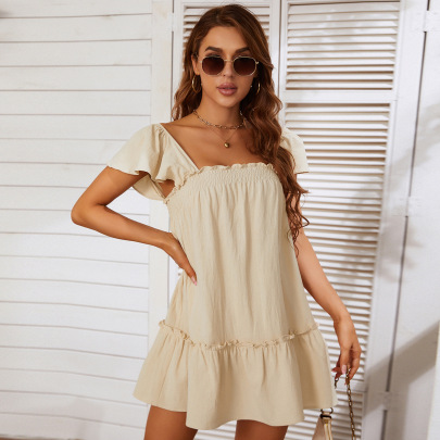 Short Sleeve Square Neck Lace-Up Solid Color Dress NSYSQ115357