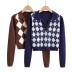 Retro Polo Collar Casual Short Color Matching Diamond Knitted Sweater NSZQW115371