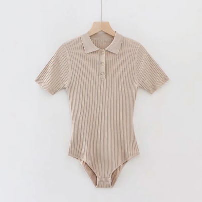 Tight Polo Collar Elastic Knitted Pit Strip Short-Sleeved Jumpsuit NSZQW115375