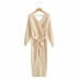 V-Neck Mid-Length Slit Long-Sleeved Receiving Waist Knitted Dress NSZQW115387