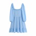 Long-Sleeved Plaid Ruffles Elastic Blue Dress NSZQW115399