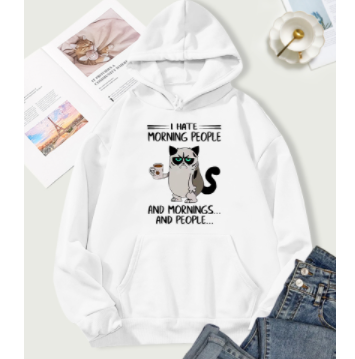 Staying Up Late Cat Print Fleece Thermal Pocket Long-Sleeve Hoodie NSSYD115345