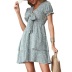 Printed V-Neck Knotted Short Sleeve Loose Dress NSDMB115462