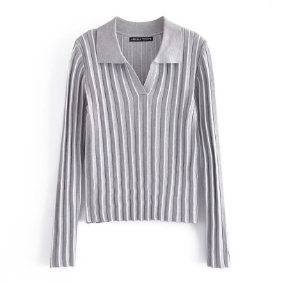 Long Sleeve Slim Lapel Striped Knitted Top NSAM115616