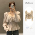 Retro Square Collar Puff Sleeves Waist Solid Color Top NSFYF115744