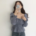Retro Square Collar Puff Sleeves Waist Solid Color Top NSFYF115744
