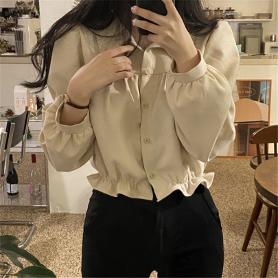 Solid Color Puff Sleeves Crop Pleated Shirt NSFYF115742
