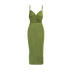 Pleated Solid Color V Neck Backless Split Suspender Slim Dress NSAFS115799