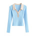 Long Sleeve Slim Polo Collar Stitching Contrast Color Top NSHS115806