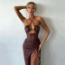 High Slit Hanging Neck Backless Drawstring Breast Wrapped Dress NSFD115812