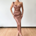 Single-Sling Skinny Wrap Chest Split Solid Color Satin Dress NSPPF115932
