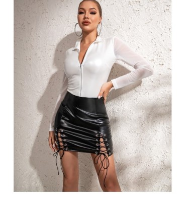 Slim Lace-Up Split Solid Color Pu Leather Skirt NSGHW115895
