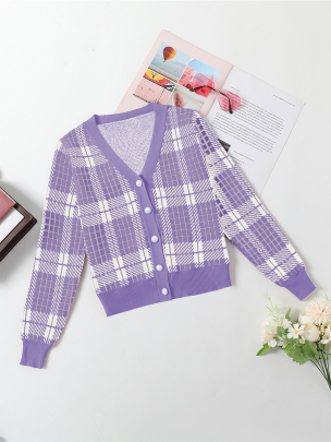 Plaid Button V-Neck Knitted Crop Cardigan NSSYD116206