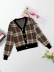 Plaid Button V-Neck Knitted Crop Cardigan NSSYD116206