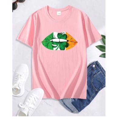 St. Patrick'S Day Green Lucky Clover Lip Print Short Sleeve T-Shirt NSSYD115936