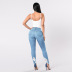 High Waist Slim Ripped Stitching Mesh Slim-Fit Jeans NSWL116078