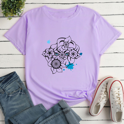 Eye Flower Print Short-Sleeved Loose T-Shirt NSYAY116307