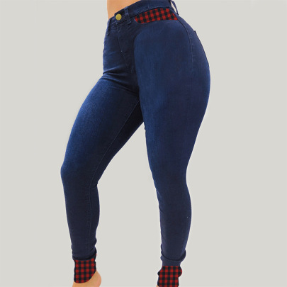Plus Size Plaid Stitching Slim-Fit Jeans NSWL116170
