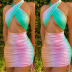 Lace Up Drawstring Hanging Neck Slim Tie-Dye Dress NSOYL116232
