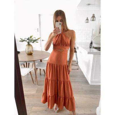 Backless Hanging Neck Lace-Up Sleeveless Solid Color Dress NSOYL116234
