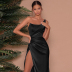 Off Shoulder Slim Sleeveless Split Solid Color Dress NSPPF116249