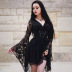 Gothic Style V Neck Long Trumpet Sleeve Lace-Up Solid Color Mesh Dress NSGYB116265